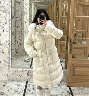 M蒙家2024新款羽绒服女中长款加厚修身收腰显瘦白鹅绒连帽外套潮