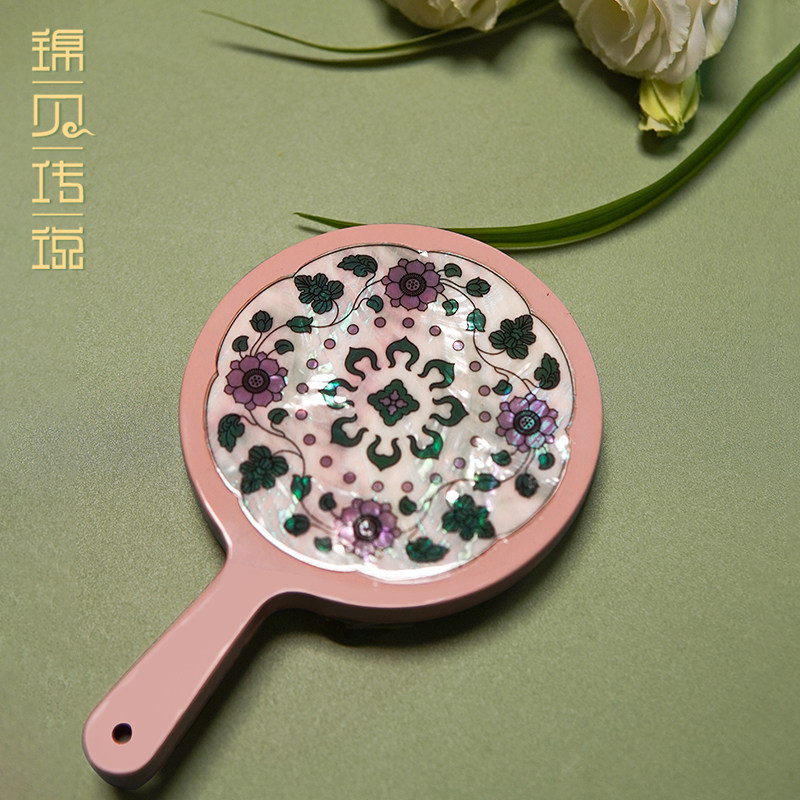 锦贝传说螺钿化妆镜复古手柄化妆镜手拿手持美容院镜子便携随身镜