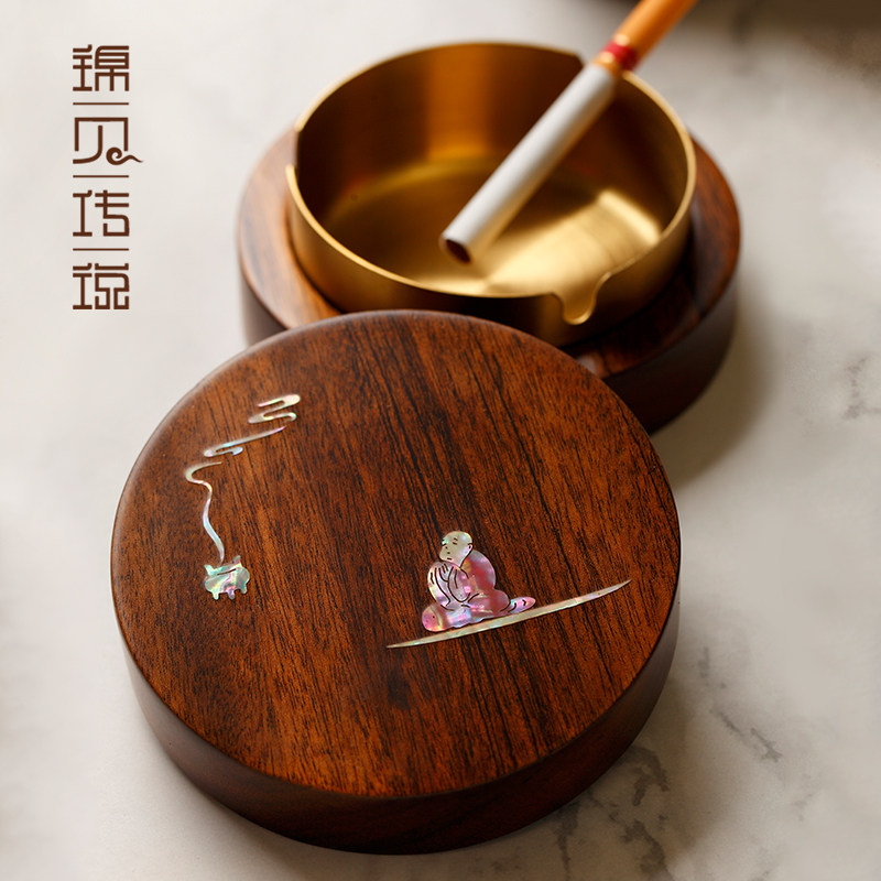 带盖烟灰缸家用办公轻奢胡桃木防飞灰烟味盒创意个性不锈钢烟灰缸