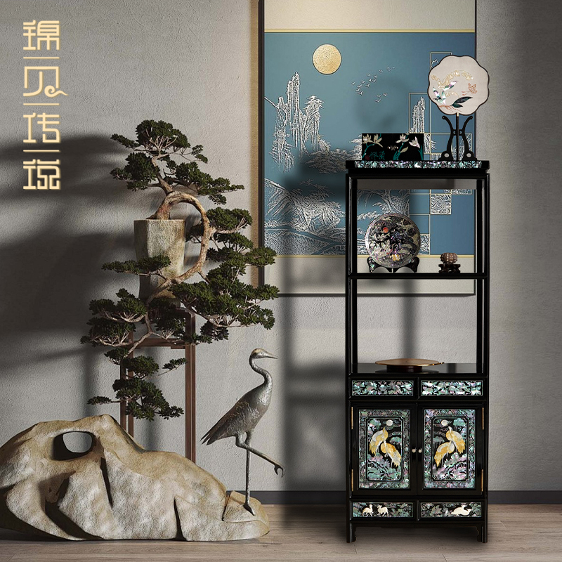 锦贝传说螺钿装饰柜新中式实木收纳柜客厅展示柜书房置物架储物柜