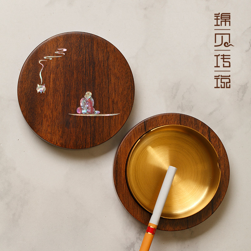 带盖烟灰缸家用办公轻奢胡桃木防飞灰烟味盒创意个性不锈钢烟灰缸