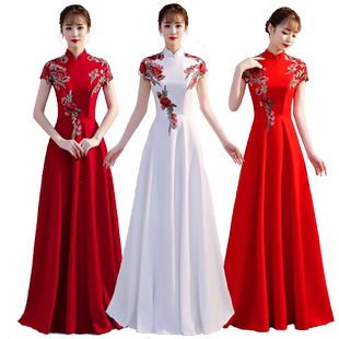 成人合唱团2025新款红色演出服长款优雅宴会合唱队舞台主持人礼服