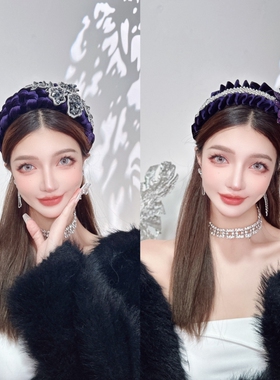 KUKKUU 原创复古优雅钻饰花朵华丽甜美天鹅绒百褶编织宽发箍发饰