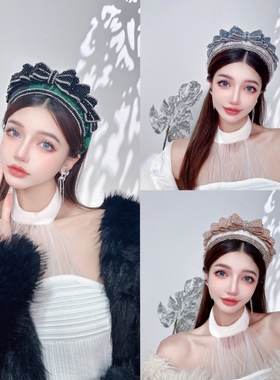 KUKKUU 法式洛可可复古千金风提花立体珍珠蝴蝶结高颅顶海绵发箍