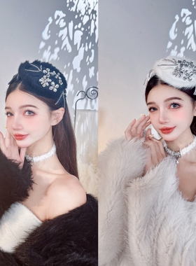 KUKKUU 原创甜美复古提花刺绣水貂毛蕾丝宽发箍手工钻饰半帽发饰