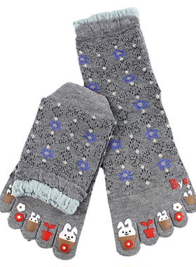 甜美卡通可爱五指袜女秋季中筒袜不勒脚灰色女袜子纯棉花边袜