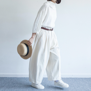 hewu和物原创白裤子韩国原棉卡其工装裤长裤日系灯笼裤百搭阔腿裤
