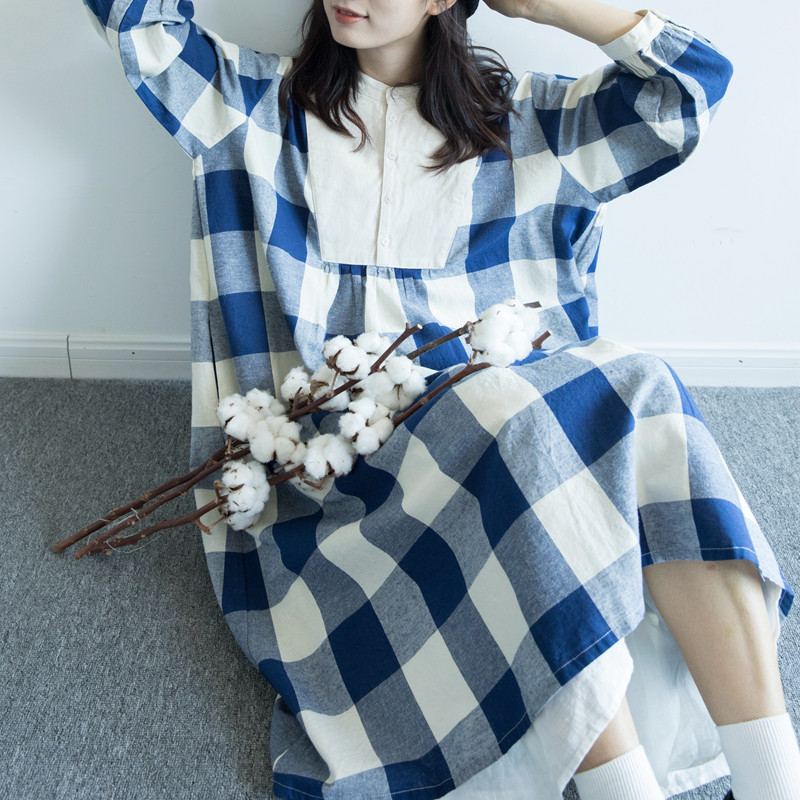 hewu和物 原创设计 复古贴片小立领 日系森系 棉布格子连衣裙