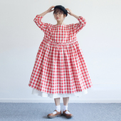 原创设计日系复古 棉麻 高腰连衣裙 hewu和物 春秋格子花边九分袖