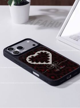 爱心蕾丝豹纹蝴蝶结适用iPhone17promax苹果手机壳16p高级感15/14/13轻奢12玻璃背板11轻奢韩系ins风小众原创