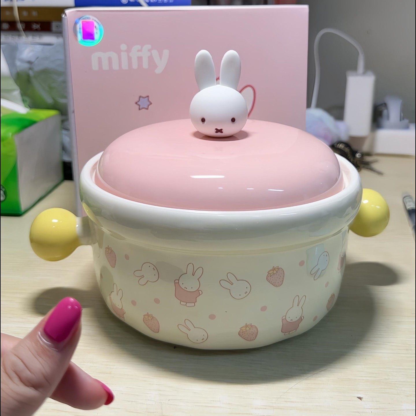 可爱米菲兔碗卡通餐具套装萌趣儿童早餐碗筷组合带盖陶瓷高颜值碗