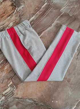 浅灰色两条白线宽红条儿童中小学生加绒订做运动校服裤子宽松春秋