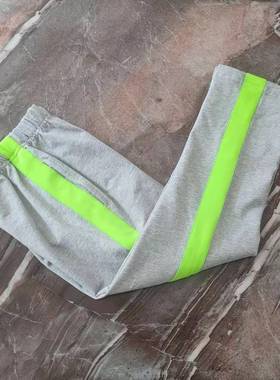 校服裤子灰色一条杠荧光绿色宽条纹纯棉直筒儿童男女中小学生夏季