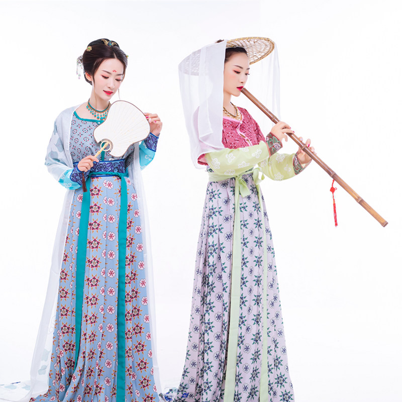 清平乐栖凤阁唐制联珠朵花坦领半臂襦裙正规汉服四色套装u领