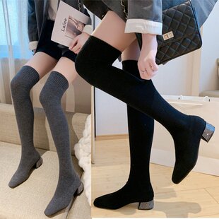 韩版 水钻方头粗跟过膝长靴女弹力靴袜子靴长筒靴女靴 2020春秋新款