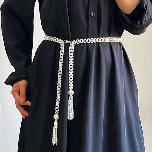 珍珠腰带女细配裙子百搭流苏腰链