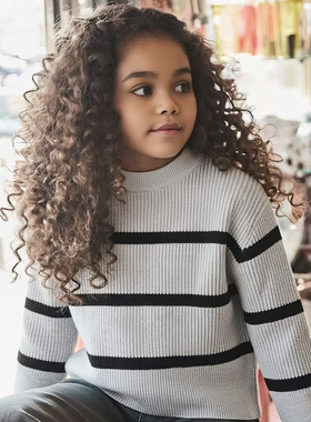 D1659 三色条纹款女童针织衫毛衣潮款圆领长袖套头中大童儿童上衣