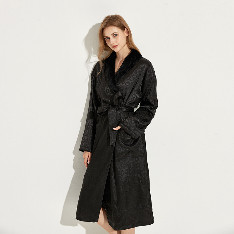 奢华仿真丝提花双层浴袍秋冬加绒保暖睡袍男女情侣家居晨袍月子服