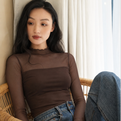 修身显瘦圆领网纱长袖上衣
