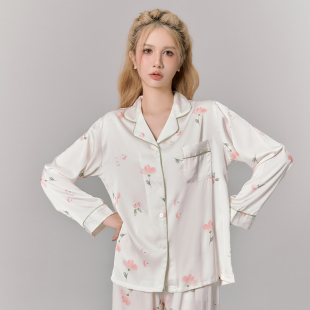 芍药花开长袖睡衣开衫冰丝碎花缎面睡衣女士翻领舒适少女家居服