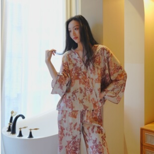 Rivance枫红曳影国风法式高级感睡衣长袖长裤女收腰显瘦可外穿
