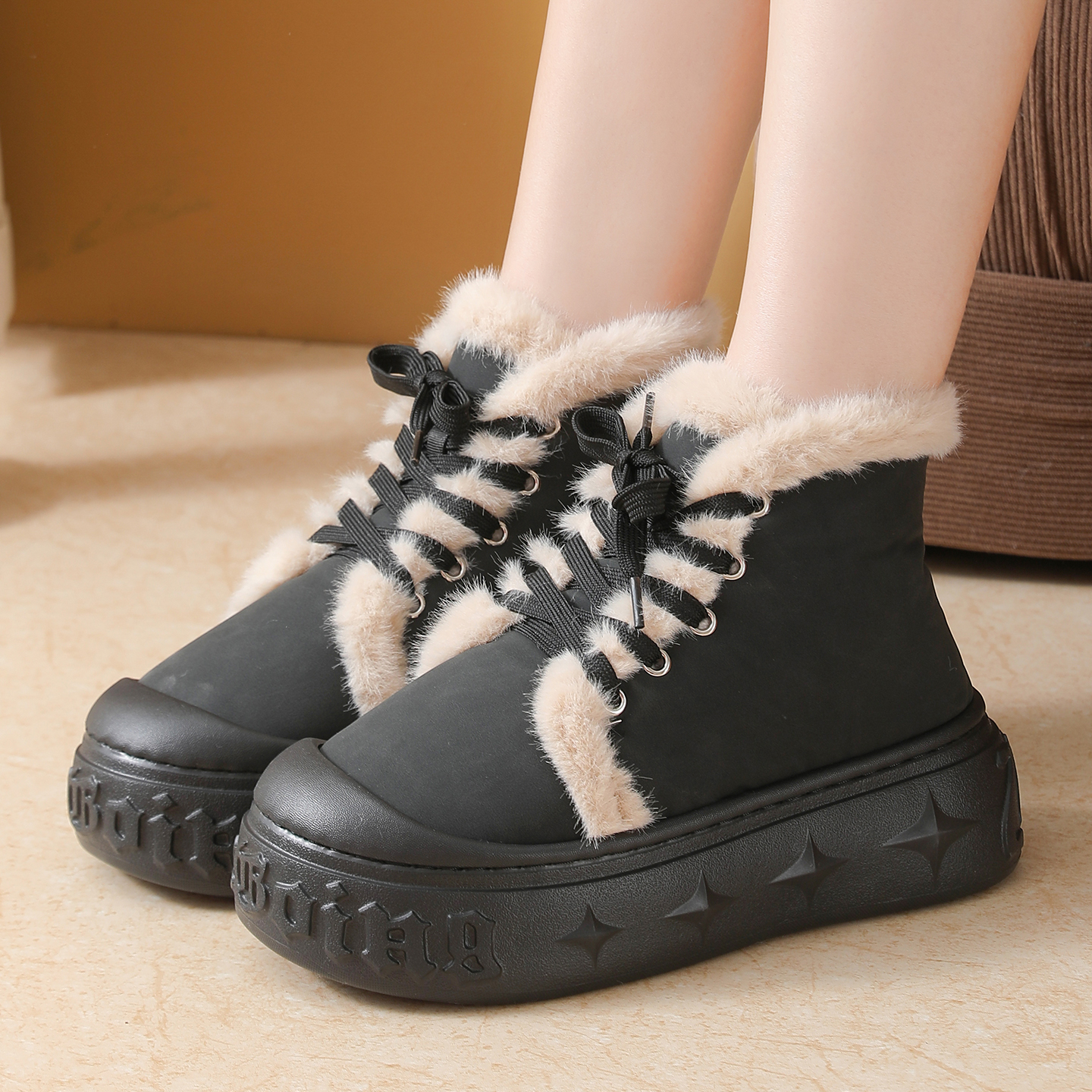 高帮棉拖鞋女包跟厚底简约休闲系带PU皮拖鞋冬季保暖棉鞋外出耐磨