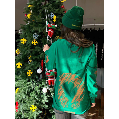 (现货)自主橙色马蹄梵文花臂十字绿色长袖T恤女男轻薄辣妹 宽松