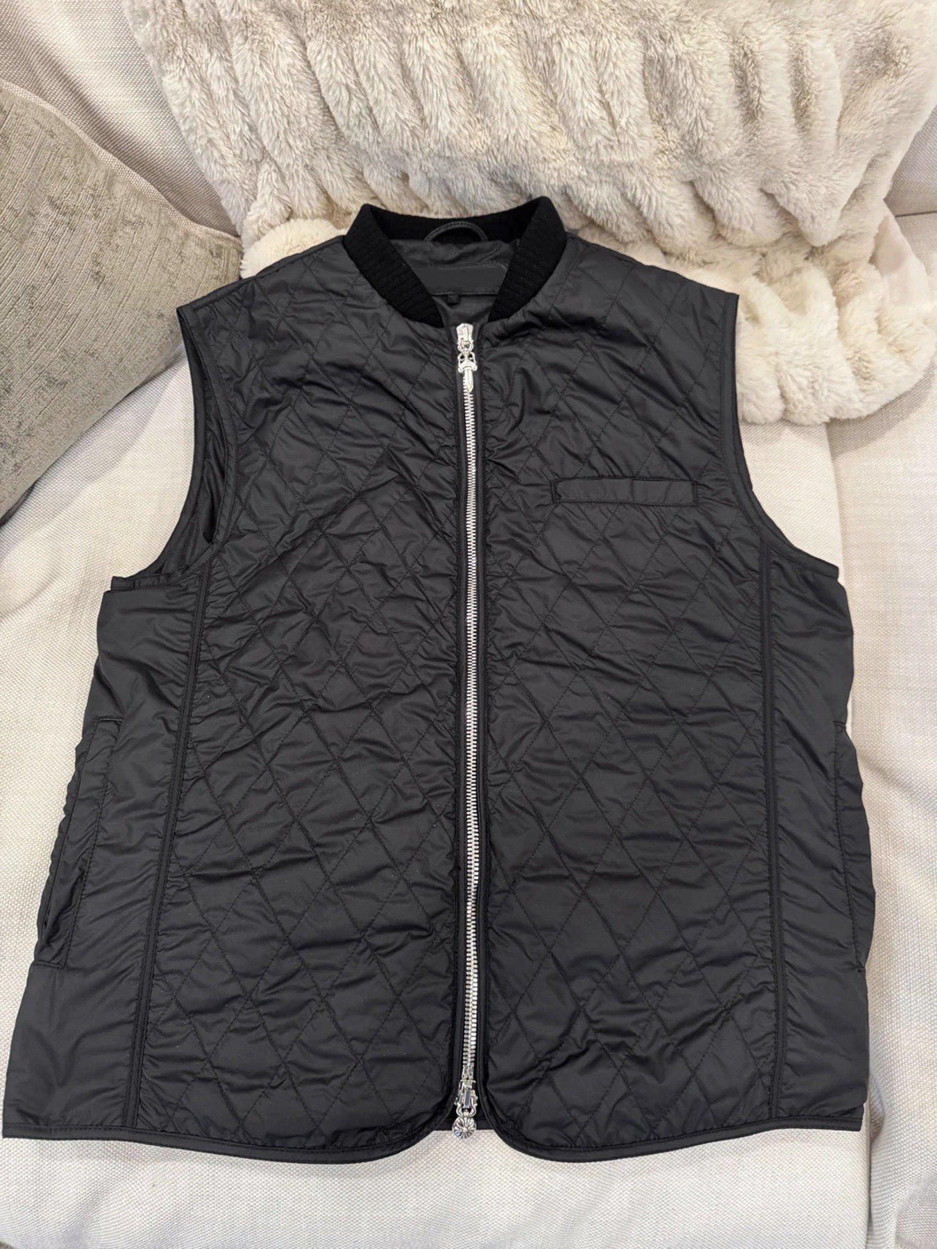 thumbnail for in Stock High-End Line 925 Silver Rhombus Pattern Genuine Leather Cross-Stitched Quilted Vest Jacket for Women and Men