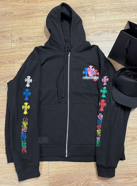 (现货)自主925银彩虹色十字架梵文拉链连帽衫卫衣外套女男抓绒