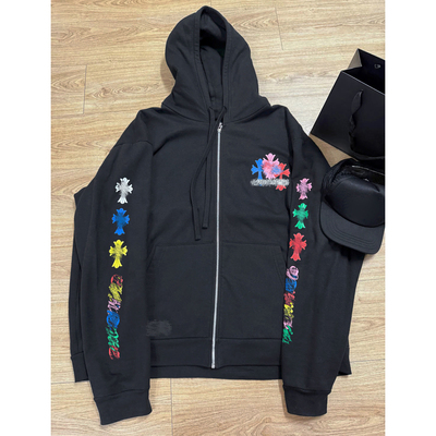 (现货)自主925银彩虹色十字架梵文拉链连帽衫卫衣外套女男抓绒