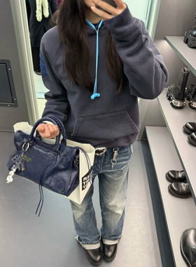 (预)自主26新款海军蓝色拼皮三十字架水洗灰蓝连帽衫卫衣女男