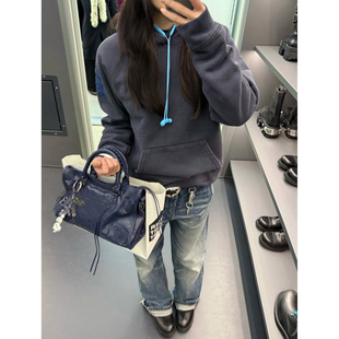 (准现货)自主26新款海军蓝色拼皮三十字架水洗灰蓝连帽衫卫衣女男