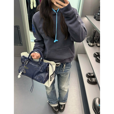 (现货)自主26新款海军蓝色拼皮三十字架水洗灰蓝连帽衫卫衣女男