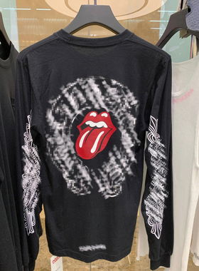(现货)自主滚石限定马蹄红唇大舌头梵文花臂长袖T恤女男 宽松