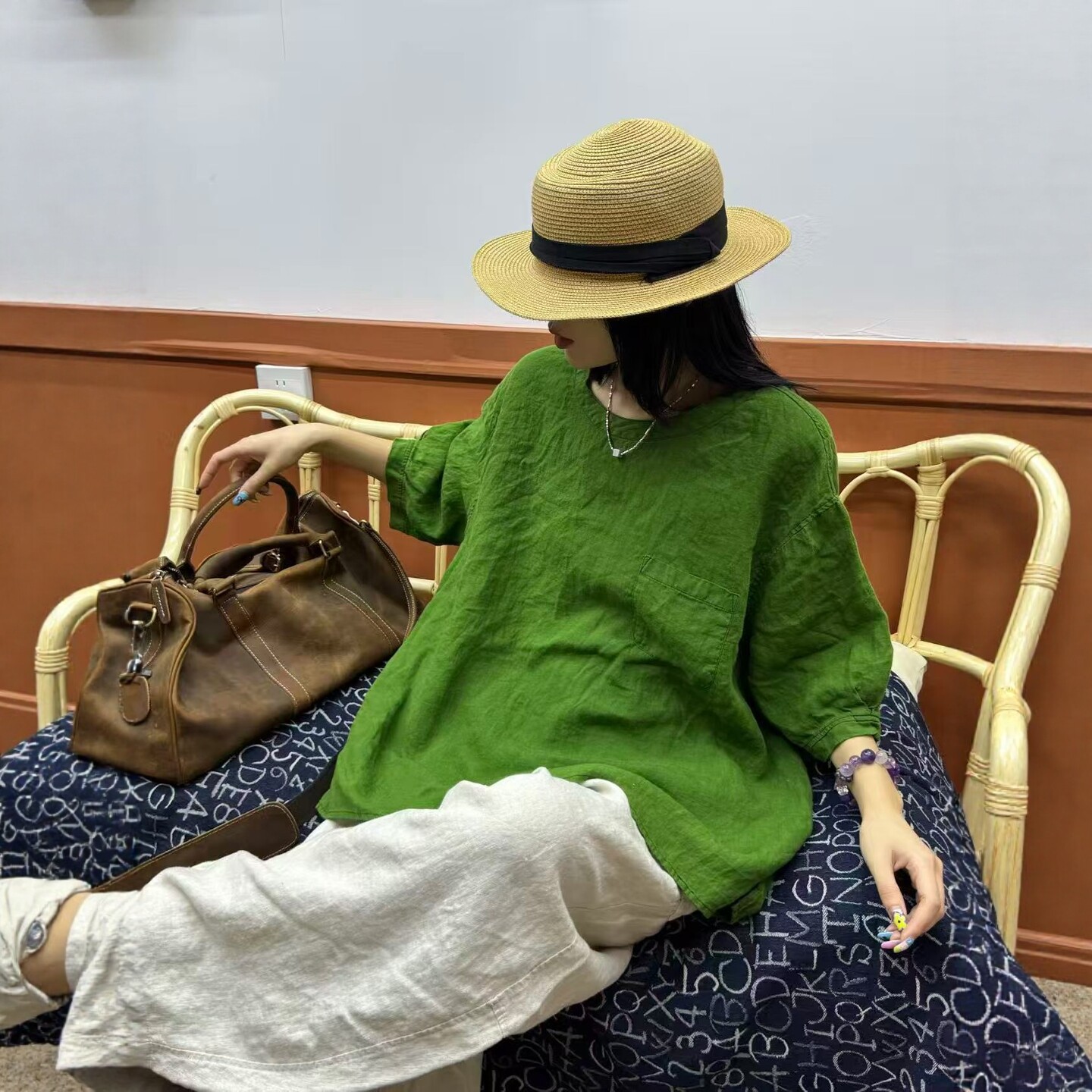 夏季慵懒风亚麻宽松五分袖衬衫女