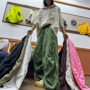 欧版时尚高端亚麻休闲裤女宽松设计感时尚小众慵懒拖地裤弯刀裤