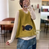 学院风棉线针织马甲女立体小鱼刺绣圆领无袖 背心宽松休闲百搭马夹
