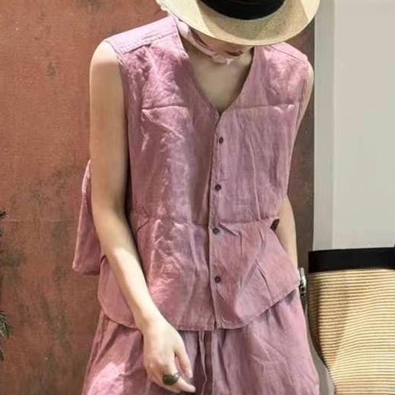 欧版时尚休闲V领亚麻马甲女2025夏季新款宽松百搭无袖坎肩背心