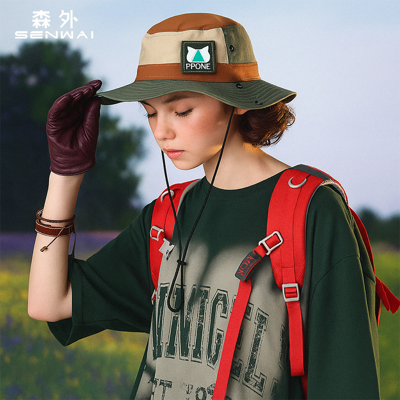 渔夫帽山系个性贴布渔夫帽子百搭男女出游遮阳大沿露营帽子