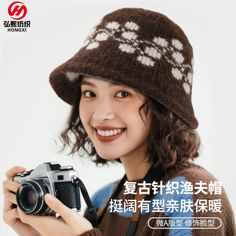 新款冬季户外帽子男复古提花渔夫针织帽女混纺羊毛防寒保暖帽子女