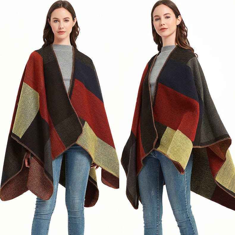 外贸女士格纹交叉欧美秋冬季腈纶高级感披风几何锁边开叉