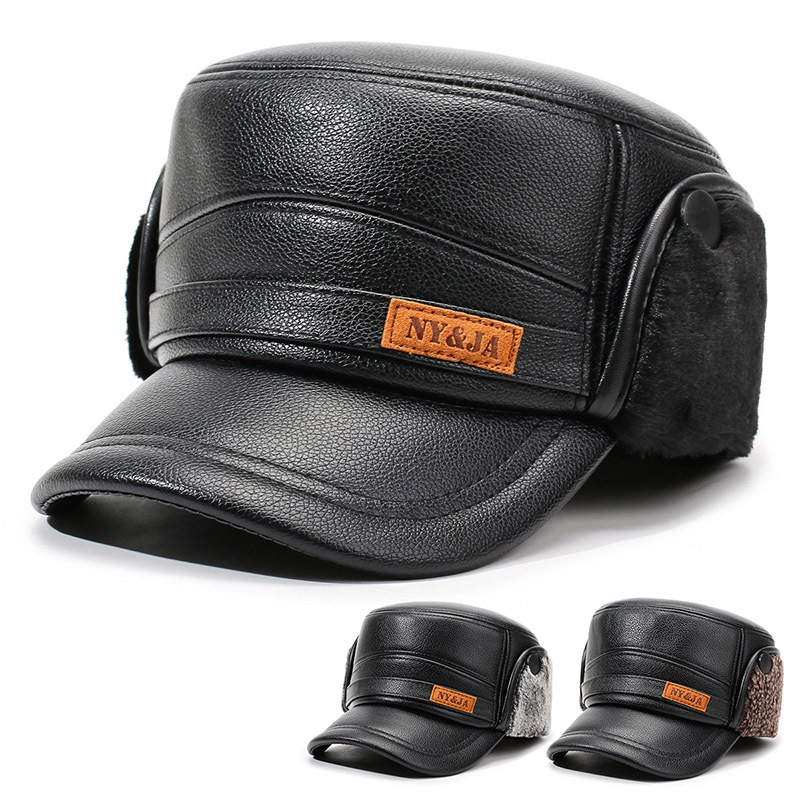 中老年人帽子男冬天保暖爸爸爷爷皮帽加绒加护老头护耳平顶鸭舌帽