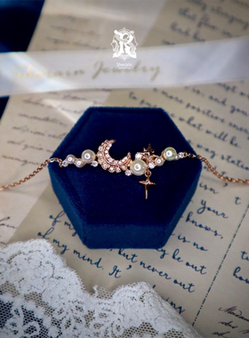 原创设计风复古珍珠锆石星月手链