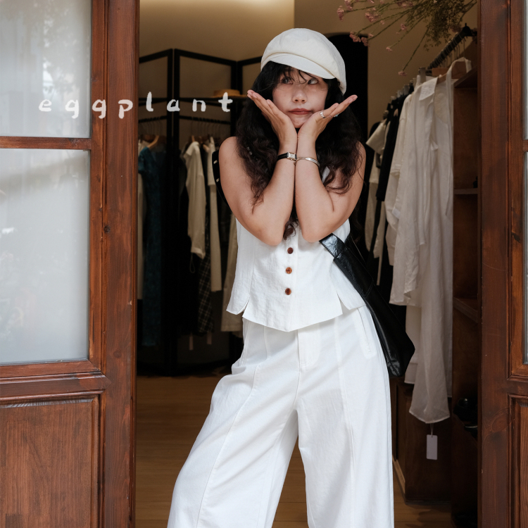 亚麻新款复古优雅白色无袖马甲