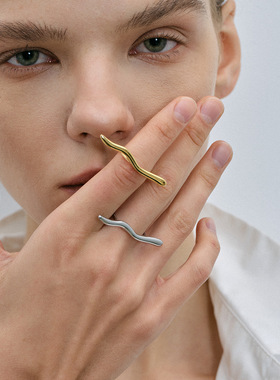 18k金不锈钢/简约波纹一字开口戒指极简风时尚线条感戒指女