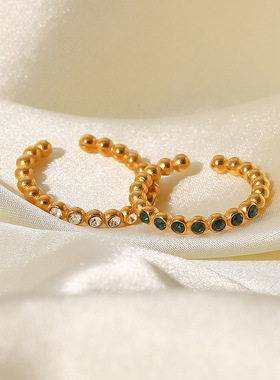 INS网红款戒指18K镀金细珠白/绿色锆石戒指首饰不锈钢开口戒指女