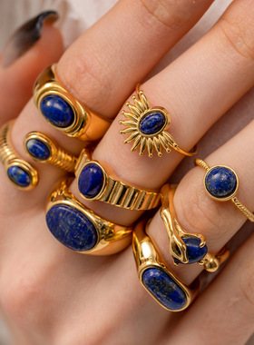 欧美跨境宫廷复古钛钢戒指饰品高级感轻奢小众青金石项链外贸