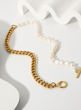 古典风格OT扣古巴链淡水珍珠项链不锈钢半链半珍珠拼接相连项链女