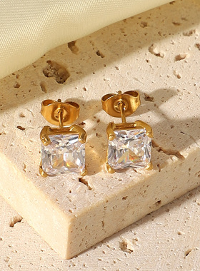 INS同款简约精致耳环18K不锈钢白色/粉色/茶绿色方形锆石耳钉女士