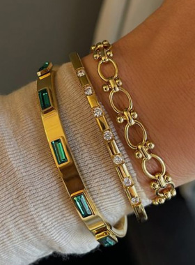 欧美INS风夏季钛钢手镯 女士时尚百搭不锈钢锆石镶嵌手镯复古手环